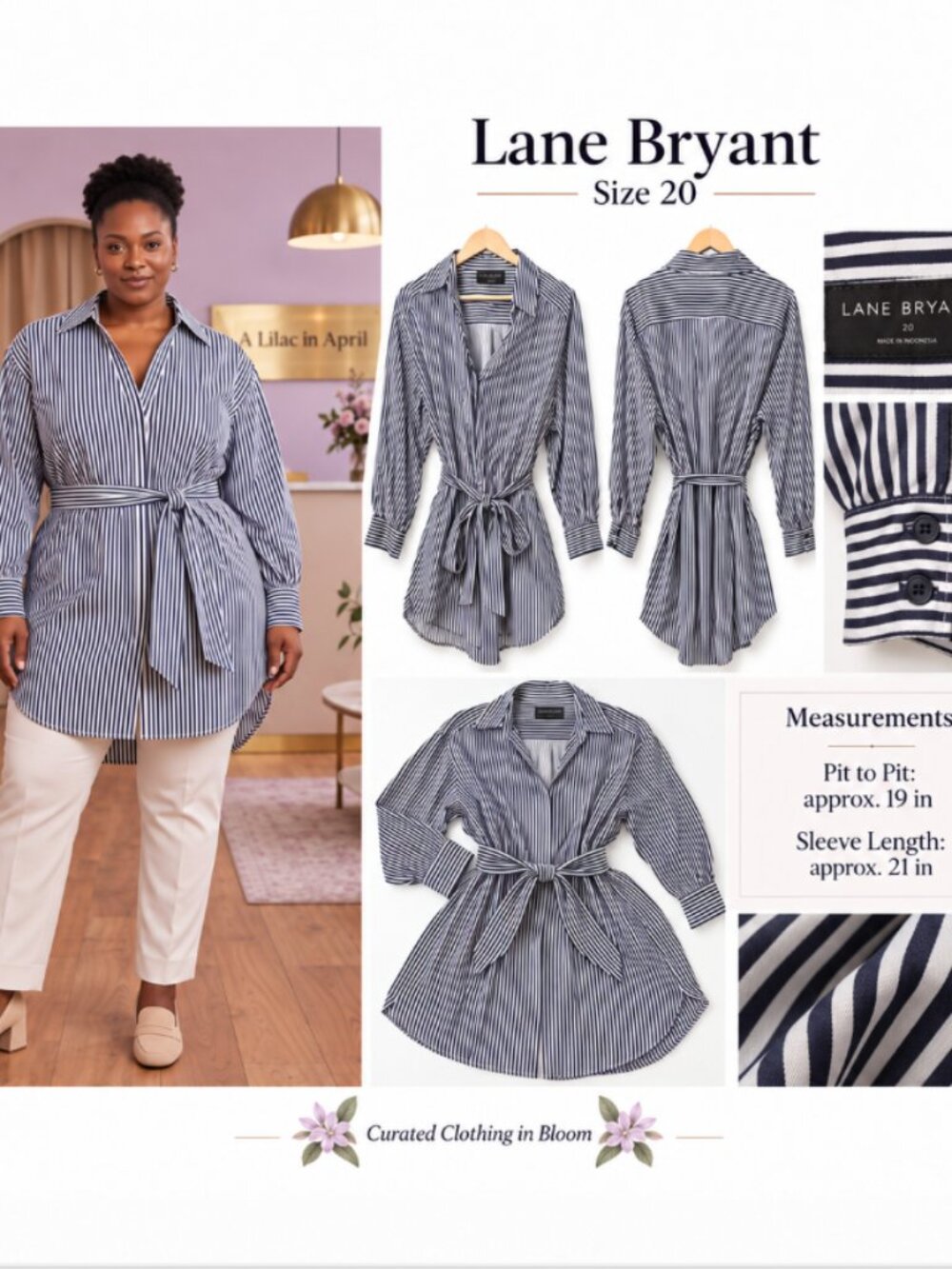 Lane Bryant Size 20 Navy Blue & White Striped Long Sleeve Belted Tunic Shirt Dre